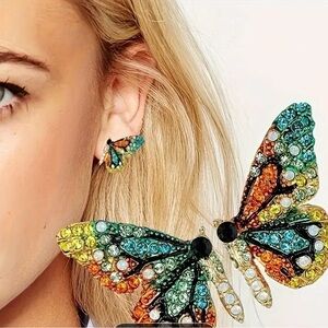 Green and Blue Butterfly Earrings with Gemstone Mosaic